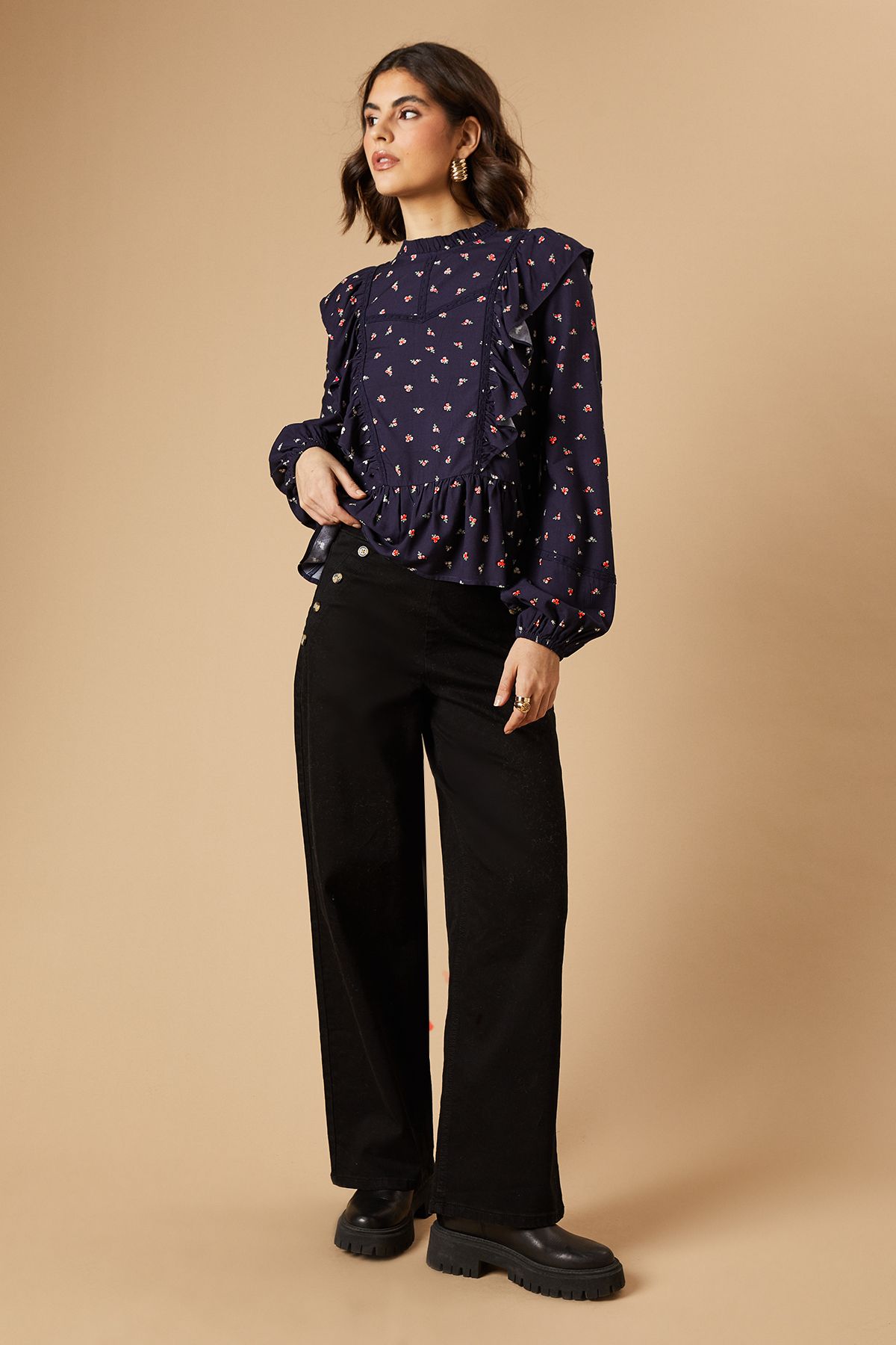 Oasis Ditsy Printed Ruffle Lace Trim Top Navy image 2