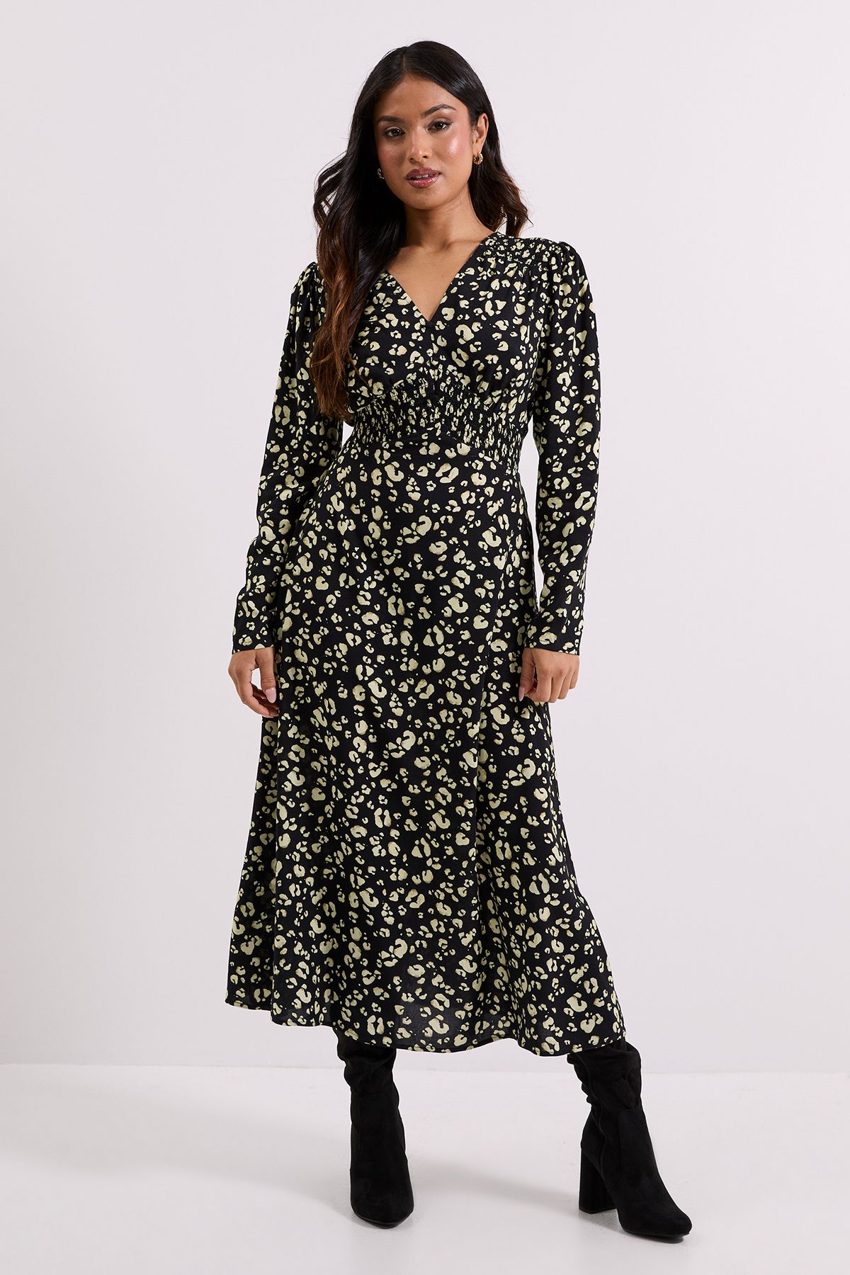 Dorothy Perkins Petite Yellow Animal Shirred Waist Button Detail Midi Dress Yellow image 1