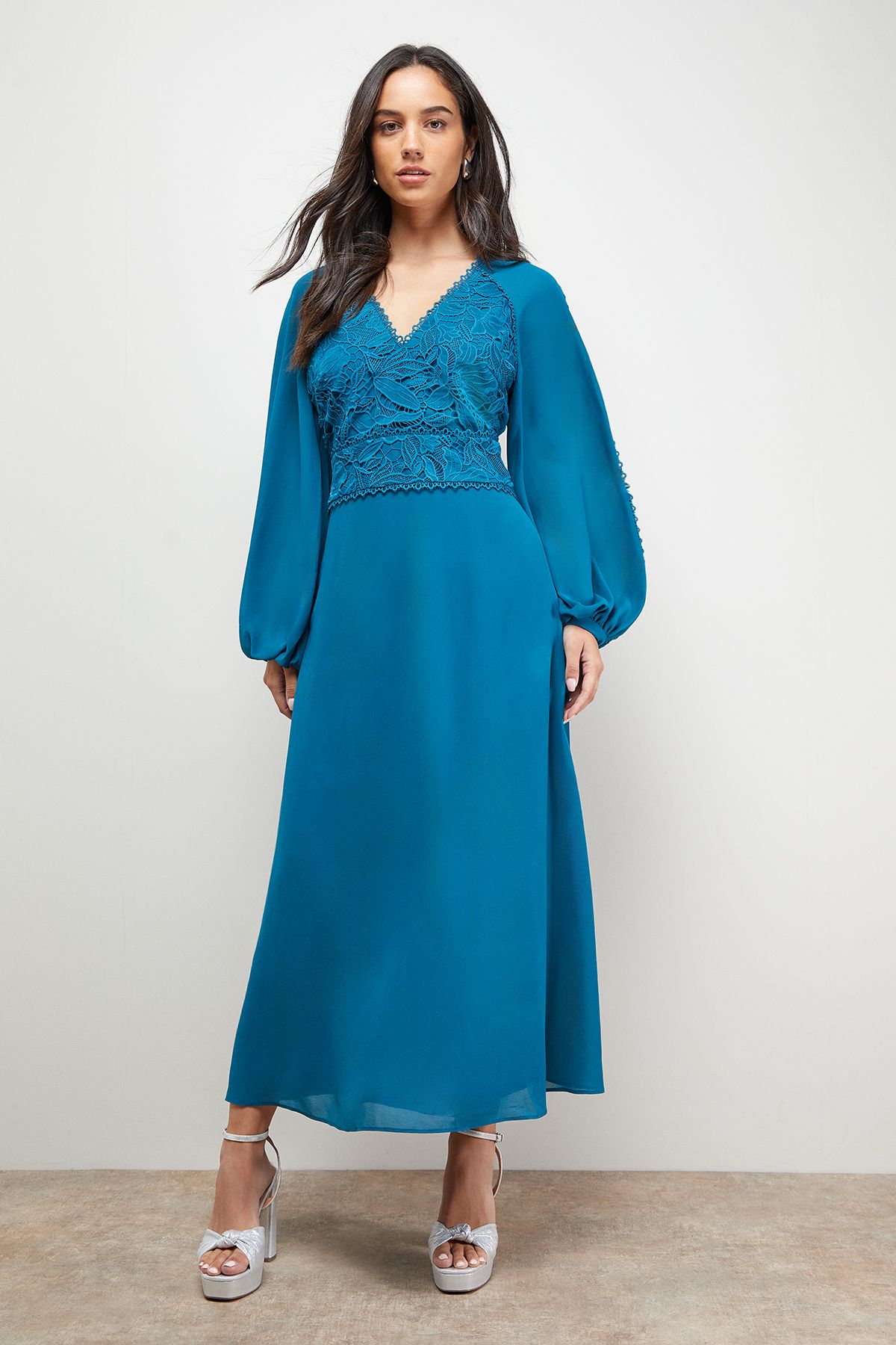 Oasis Lace Front Balloon Sleeve Midi Dress Teal image 1