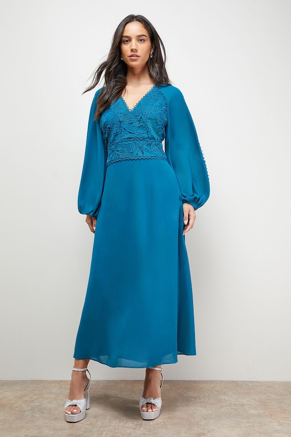 Oasis Lace Front Balloon Sleeve Midi Dress Teal