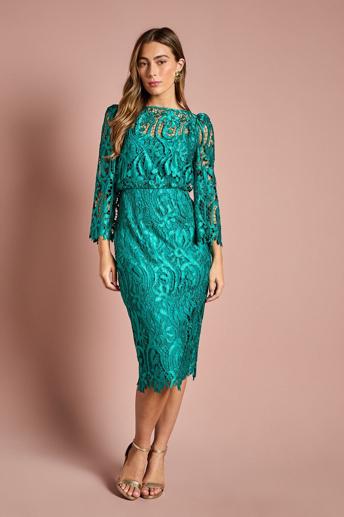 Coast Satin Lace Boat Neck Midi Dress With Fluted Sleeve Emerald image 1