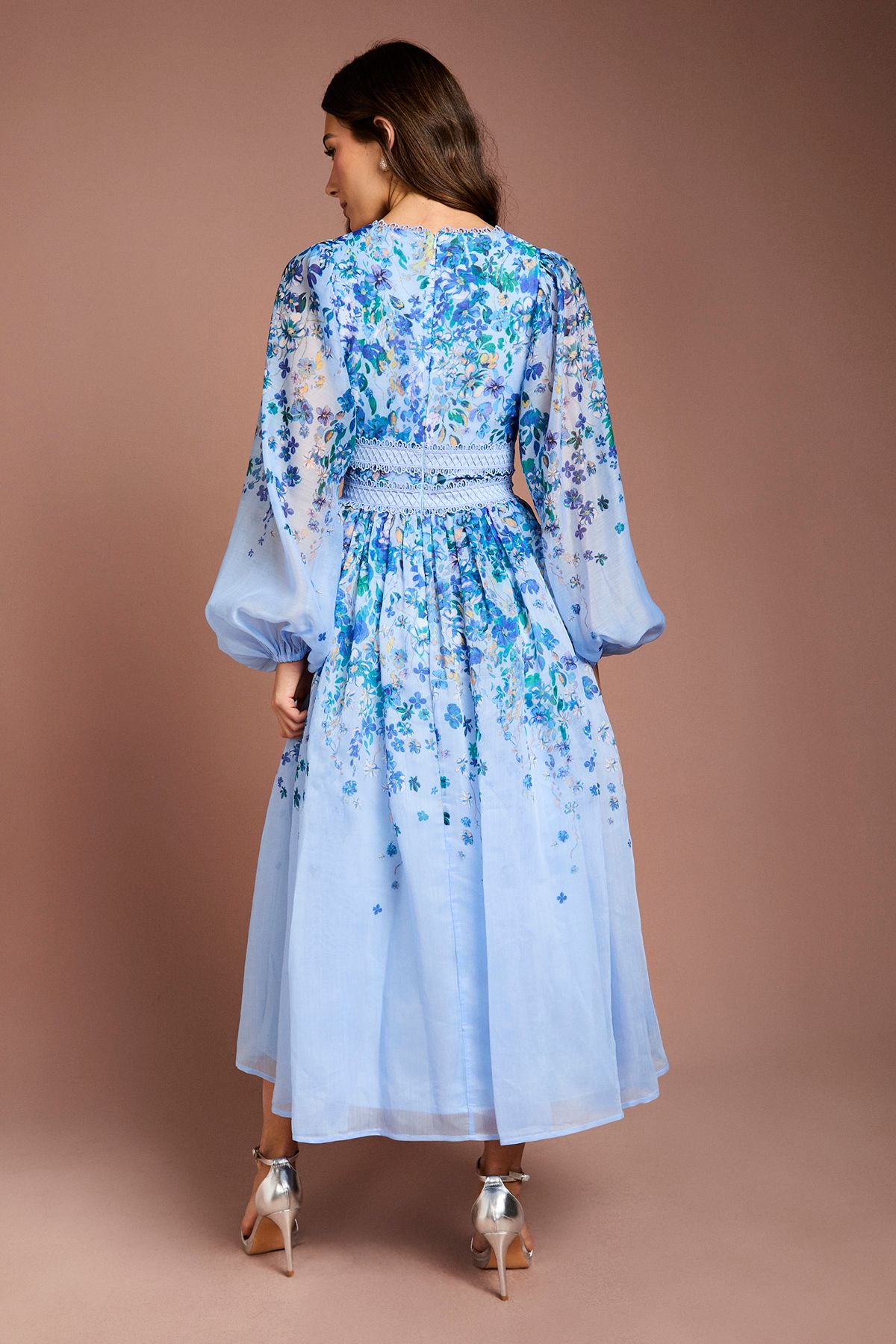 Coast Organza Floral Placement Lace Trim Midaxi Dress Light Blue image 3