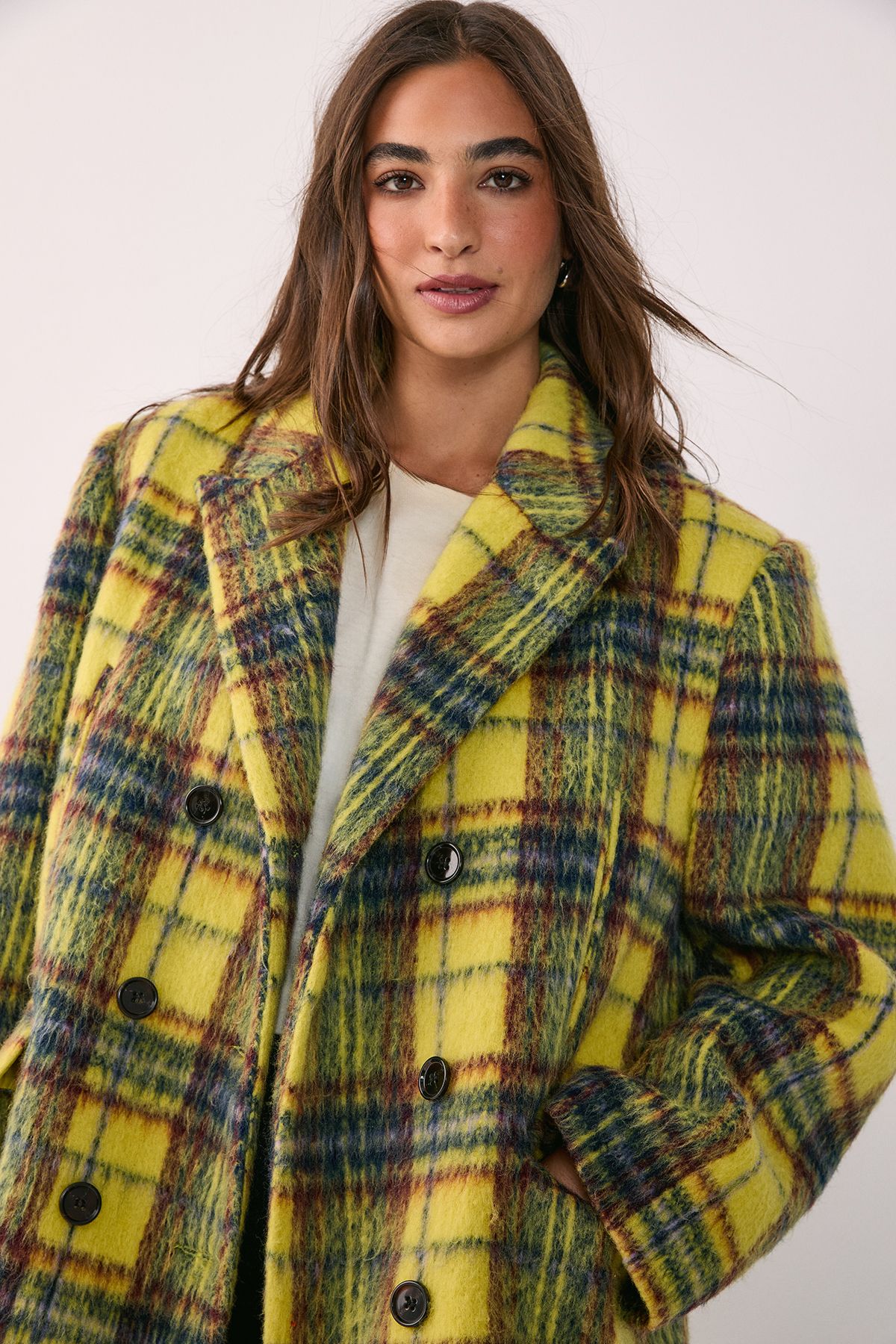 NastyGal Checked Brushed Maxi Coat Yellow image 3