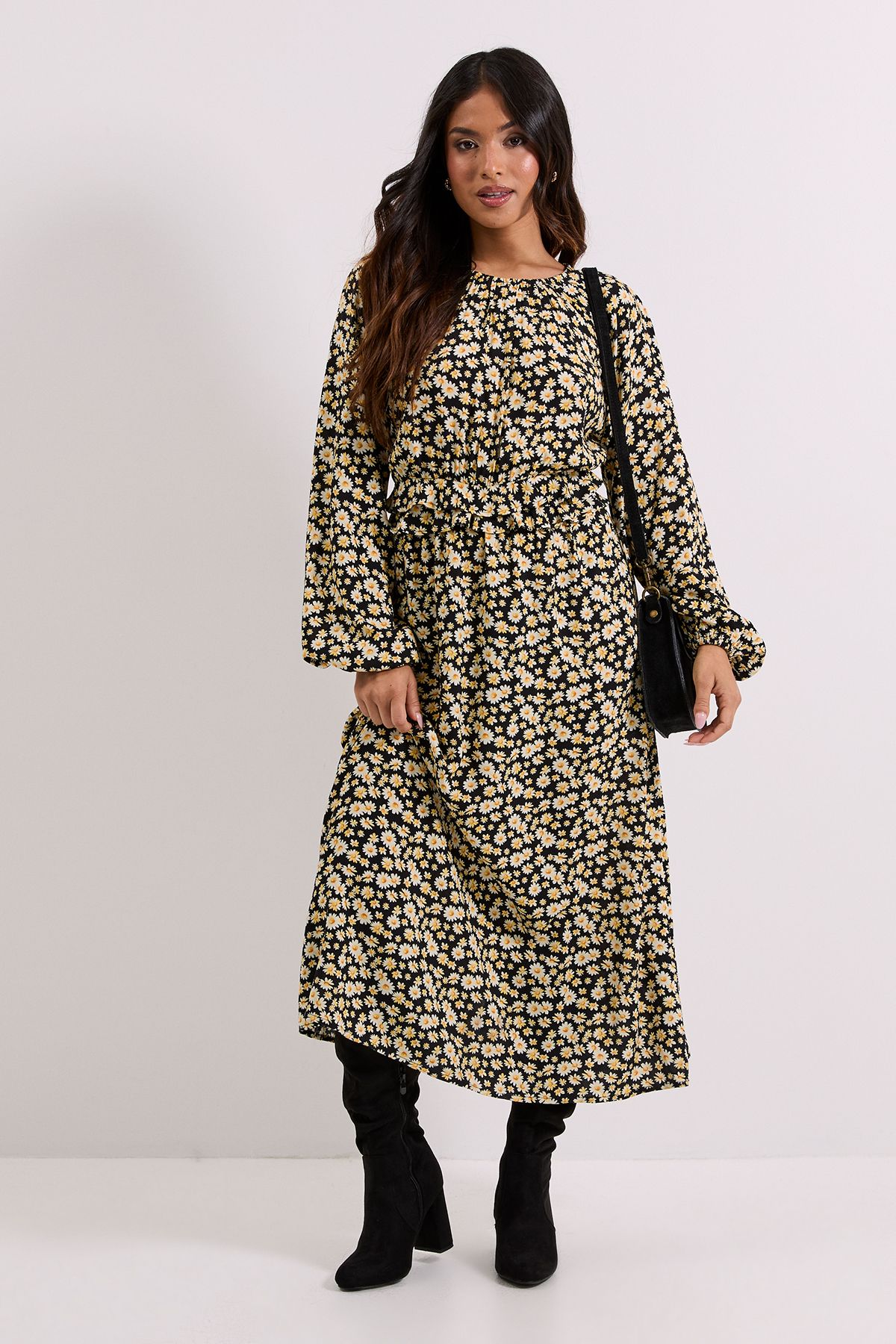 Dorothy Perkins Petite Black Daisy Frill Waist Blouson Sleeve Midi Dress Floral
