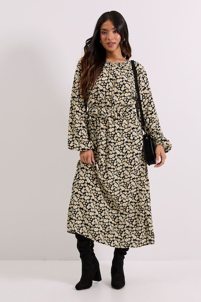 Dorothy Perkins Petite Black Daisy Frill Waist Blouson Sleeve Midi Dress Floral