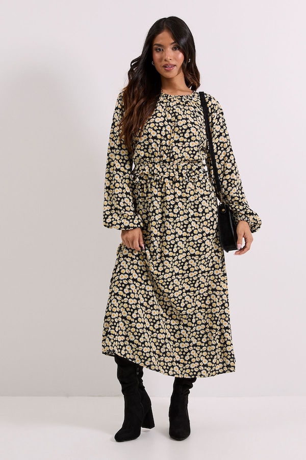 Dorothy Perkins Petite Black Daisy Frill Waist Blouson Sleeve Midi Dress Floral