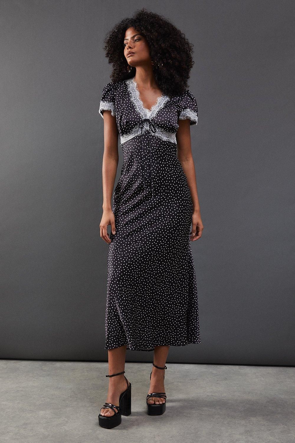Warehouse Spot Satin Lace Trim Midaxi Tea Dress Mono image 1