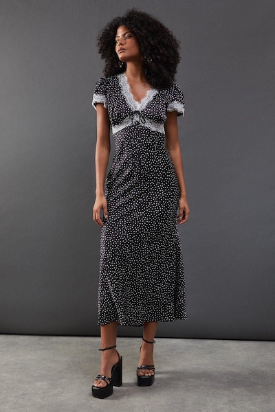 Warehouse Spot Satin Lace Trim Midaxi Tea Dress Mono
