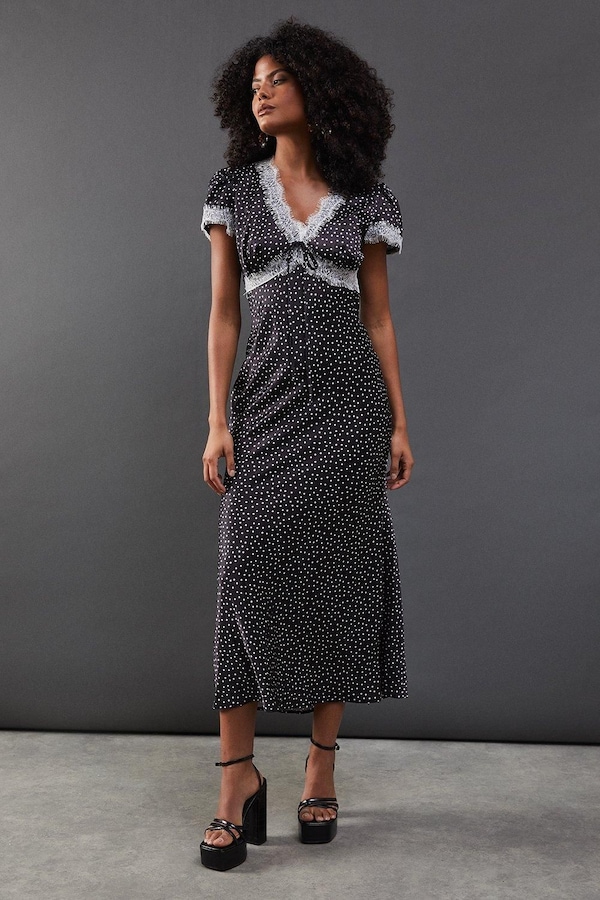 Warehouse Spot Satin Lace Trim Midaxi Tea Dress Mono