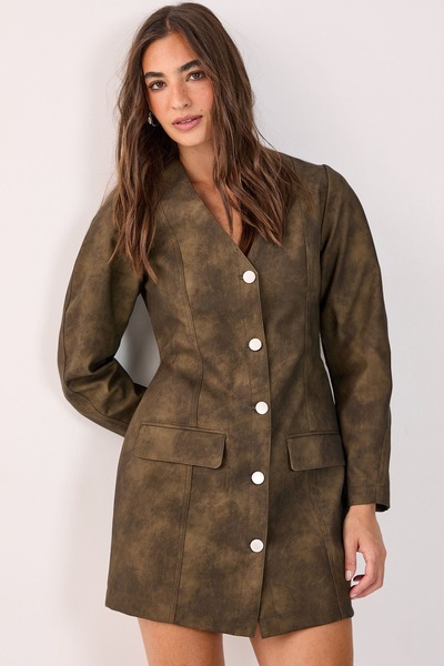 NastyGal Cocoon Sleeve Faux Leather Blazer Mini Dress Olive