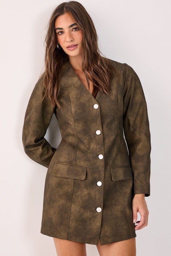 NastyGal Cocoon Sleeve Faux Leather Blazer Mini Dress Olive