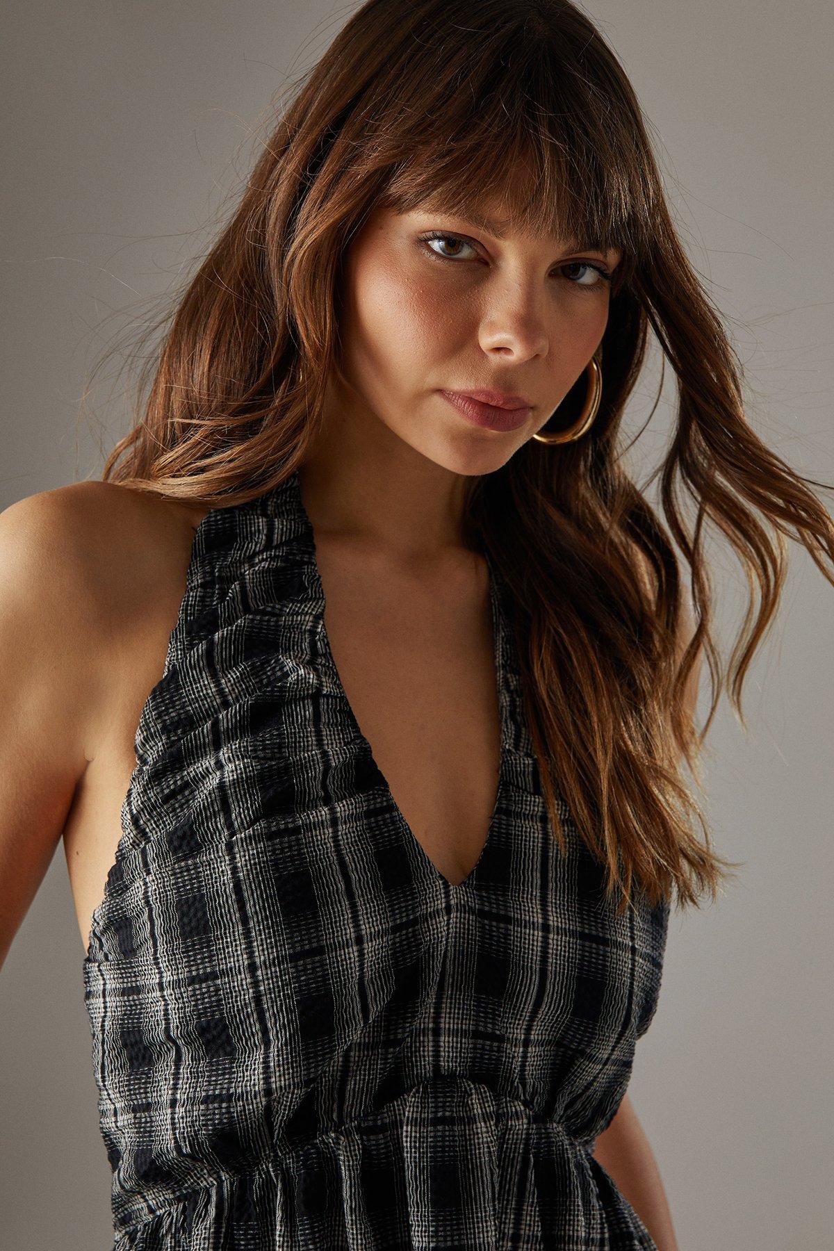 Warehouse Check Halter Open Back Puff Ball Midi Sundress Black image 4