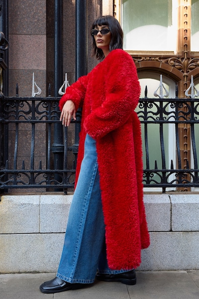 Warehouse Red Maxi Belted Fur Coat Red