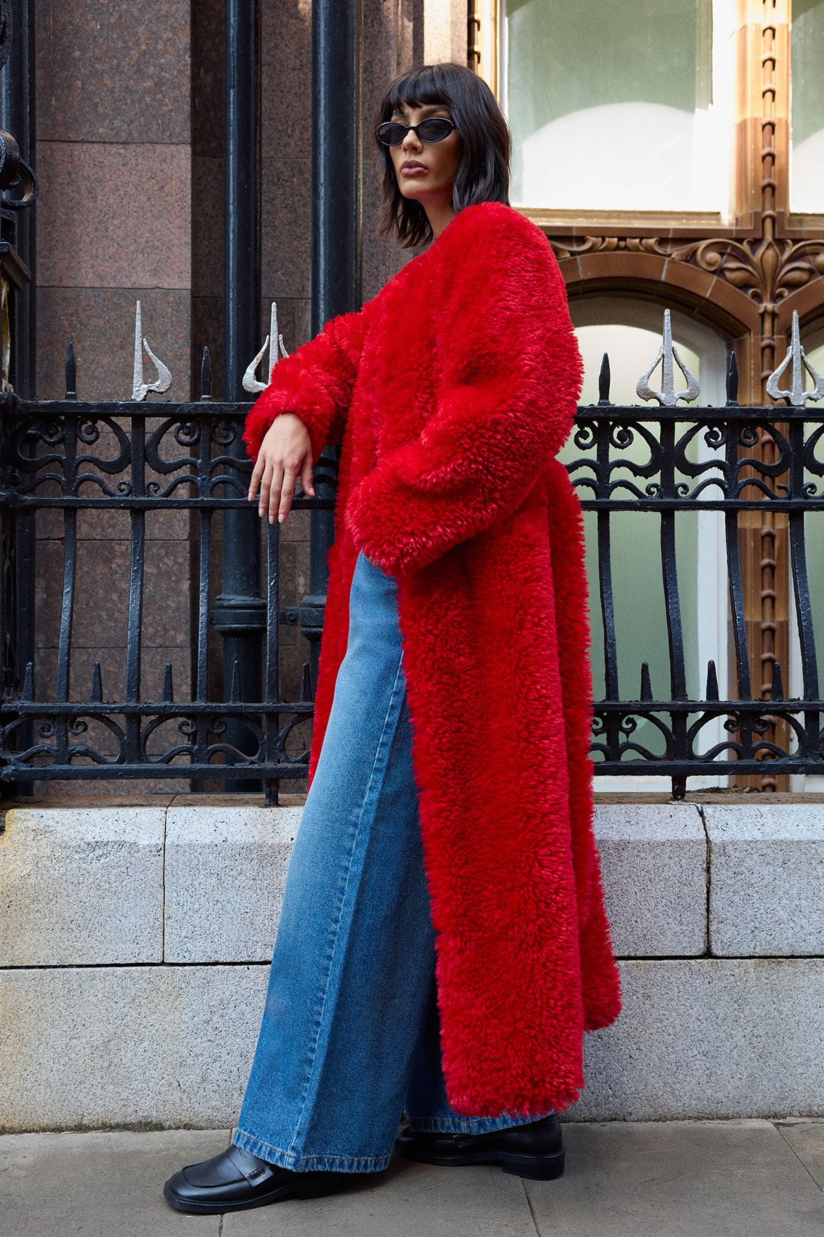 Warehouse Red Maxi Belted Fur Coat Red