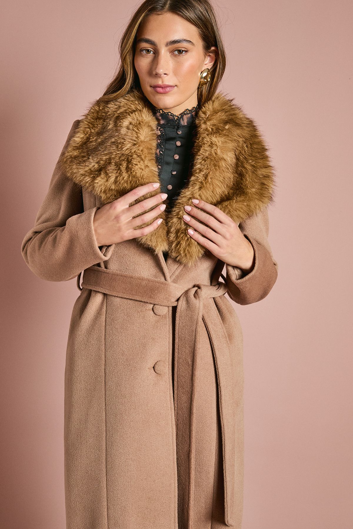 Coast Camel Faux Fur Collar Occasion Belted Midi Coat Camel image 2