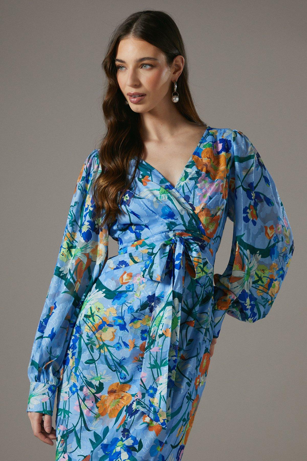 Coast Printed Tie Front Wrap Jacquard Dress Blue image 4