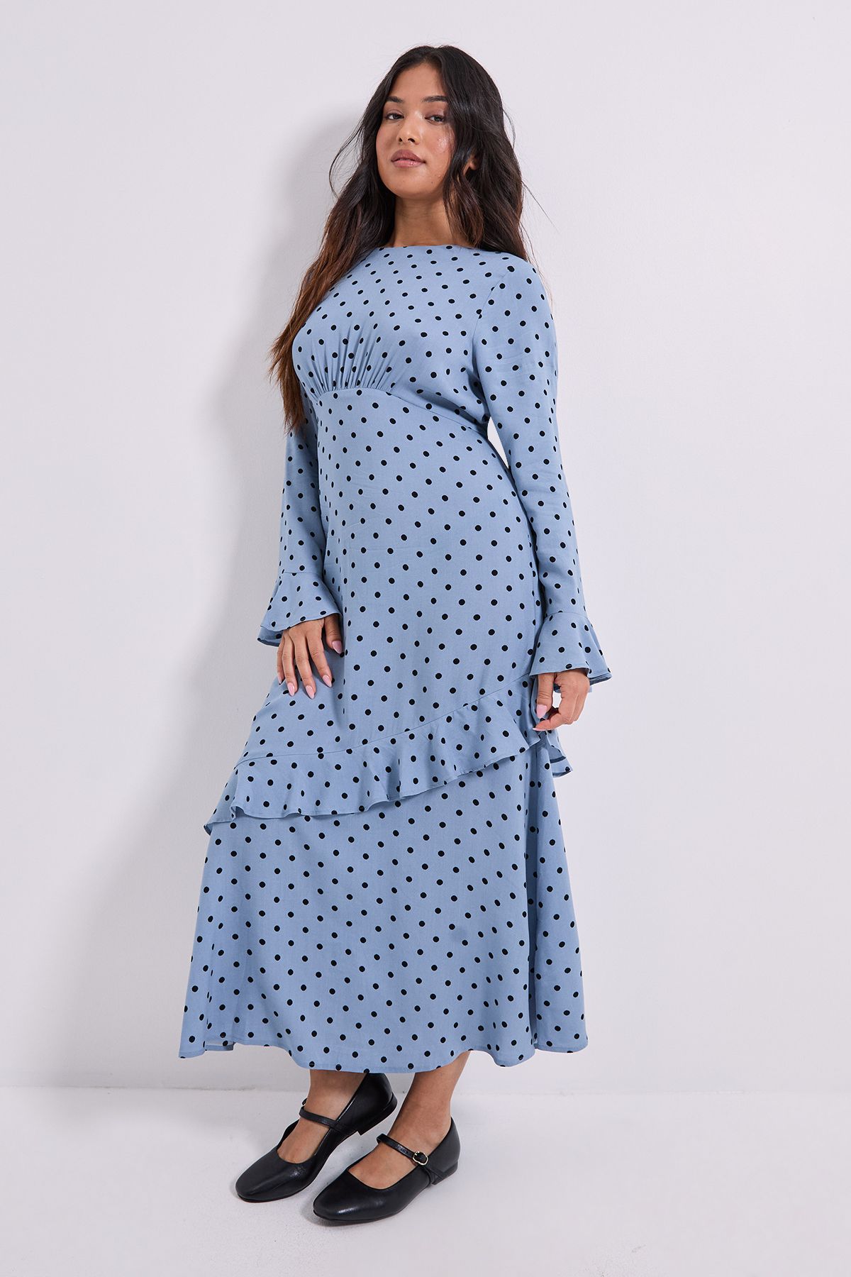 Dorothy Perkins Petite Blue Spot Frill Sleeve Ruffle Detail Printed Midi Dress Blue image 1