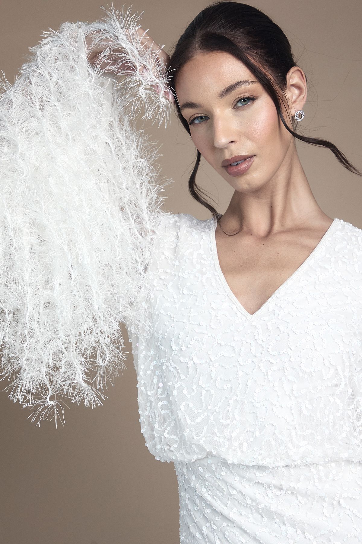 Coast Sequin Embellished Feather Trim Long Sleeve Maxi Wedding Dress Ivory image 5