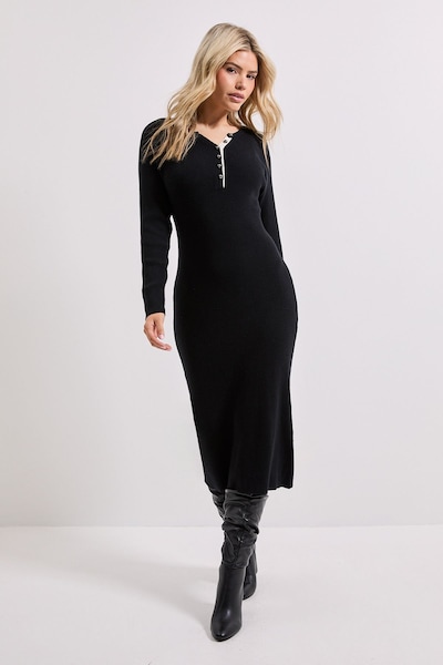 Dorothy Perkins Black Henley Crew Knitted Midi Dress Black