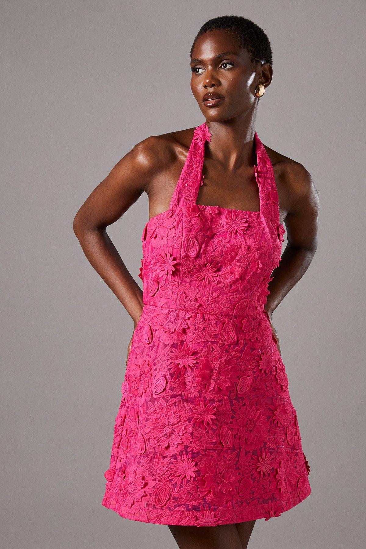 Coast Magenta 3D Floral Halter Neck Mini Dress | PLT