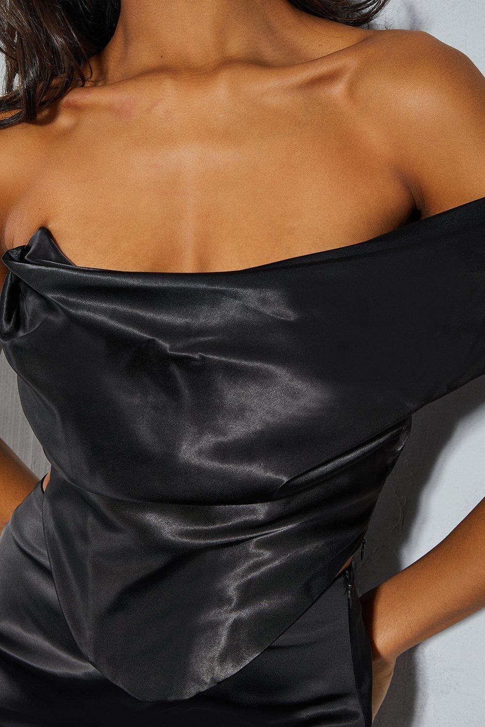 MissPap Satin Asymmetric Draped One Shoulder Corset Top Black image 2