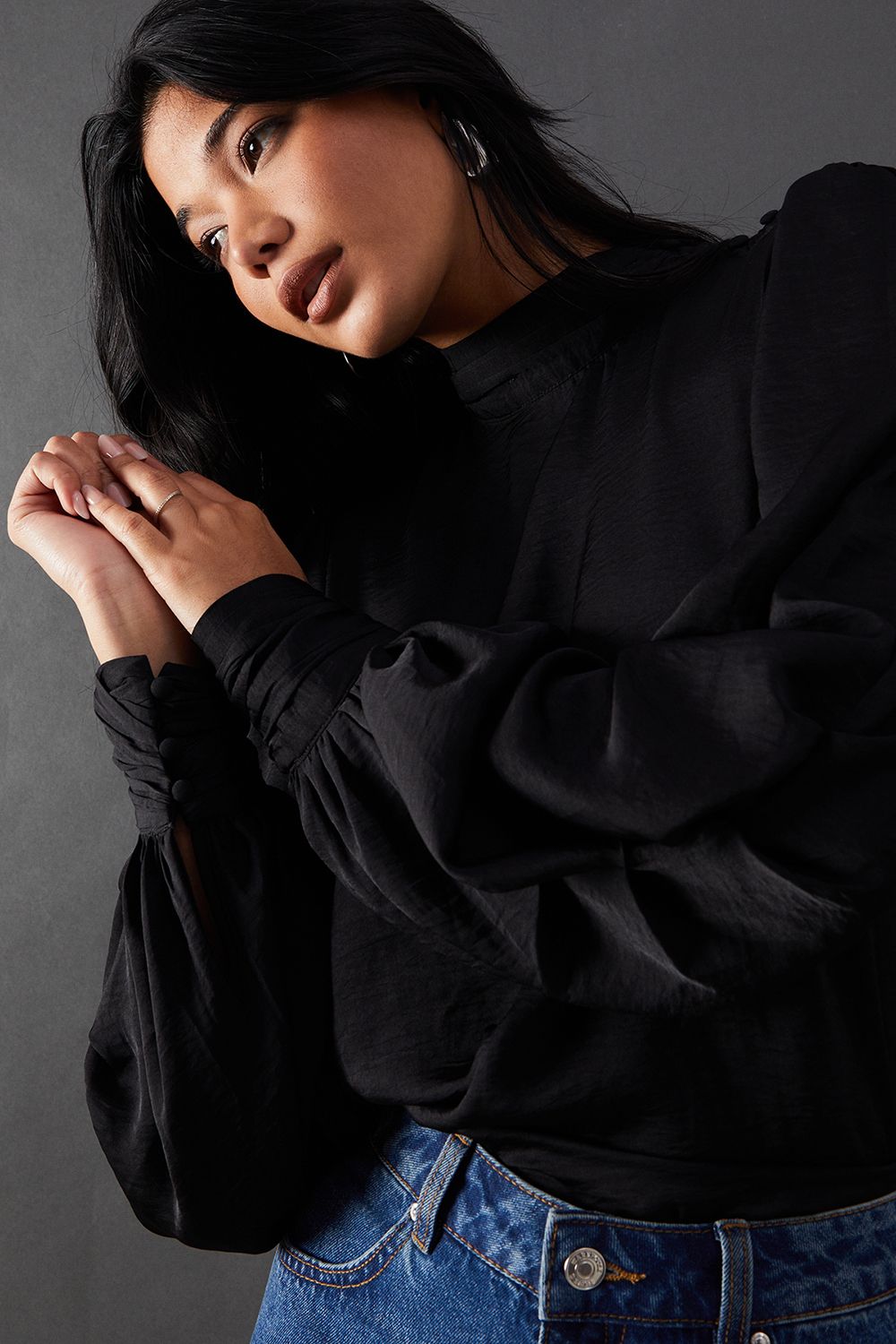 Warehouse Premium Satin High Neck Pleat Detail Blouse Black image 4