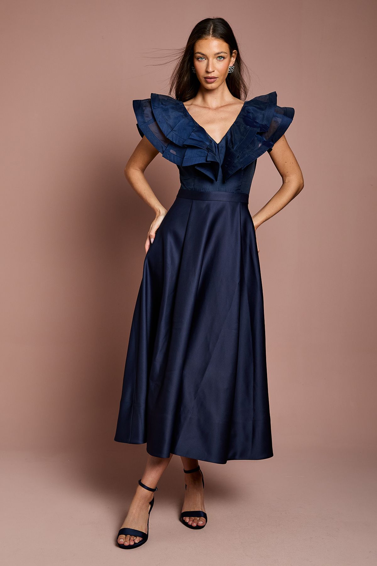 Coast Volume Frill Shoulder Midi Dress Navy image 1