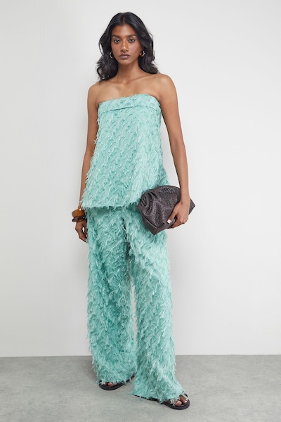 Warehouse Fluffy High Waisted Wide Leg Trouser Pale Green