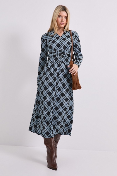 Dorothy Perkins Gingham Collared Shirred Back Long Sleeve Jersey Midi Dress Gingham
