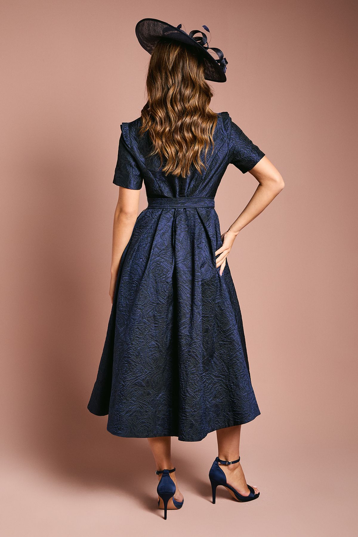 Coast Short Sleeve Jacquard Midi Dress With Belt Navy image 4