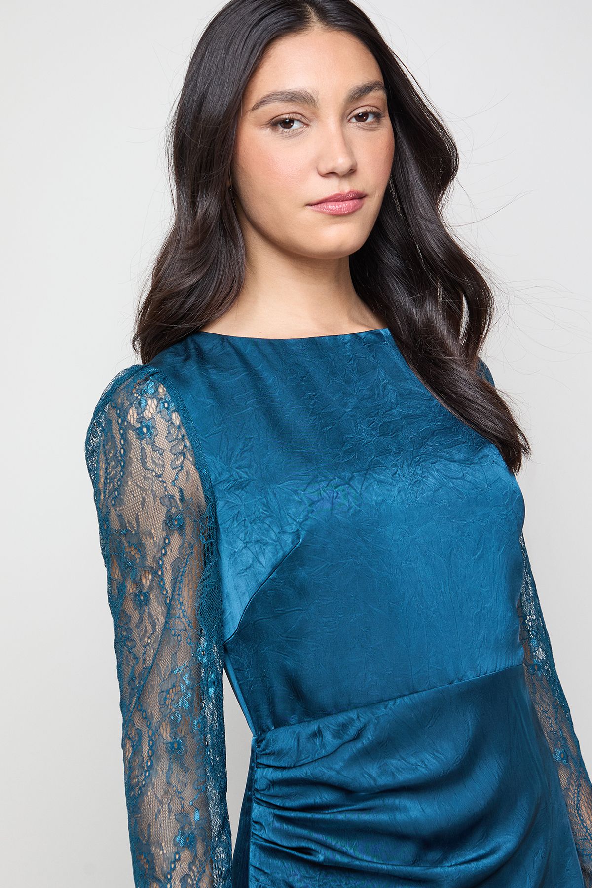Oasis Lace Sleeve Split Front Satin Midaxi Dress Teal image 4