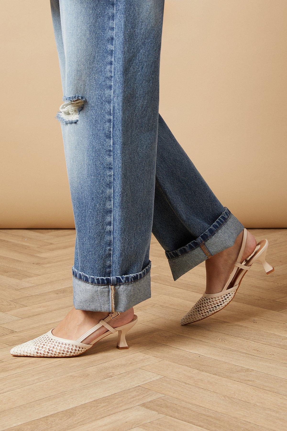 Oasis Sabel Faux Leather Woven Detail Pointed Slingback Kitten Heeled Shoes Cream image 3