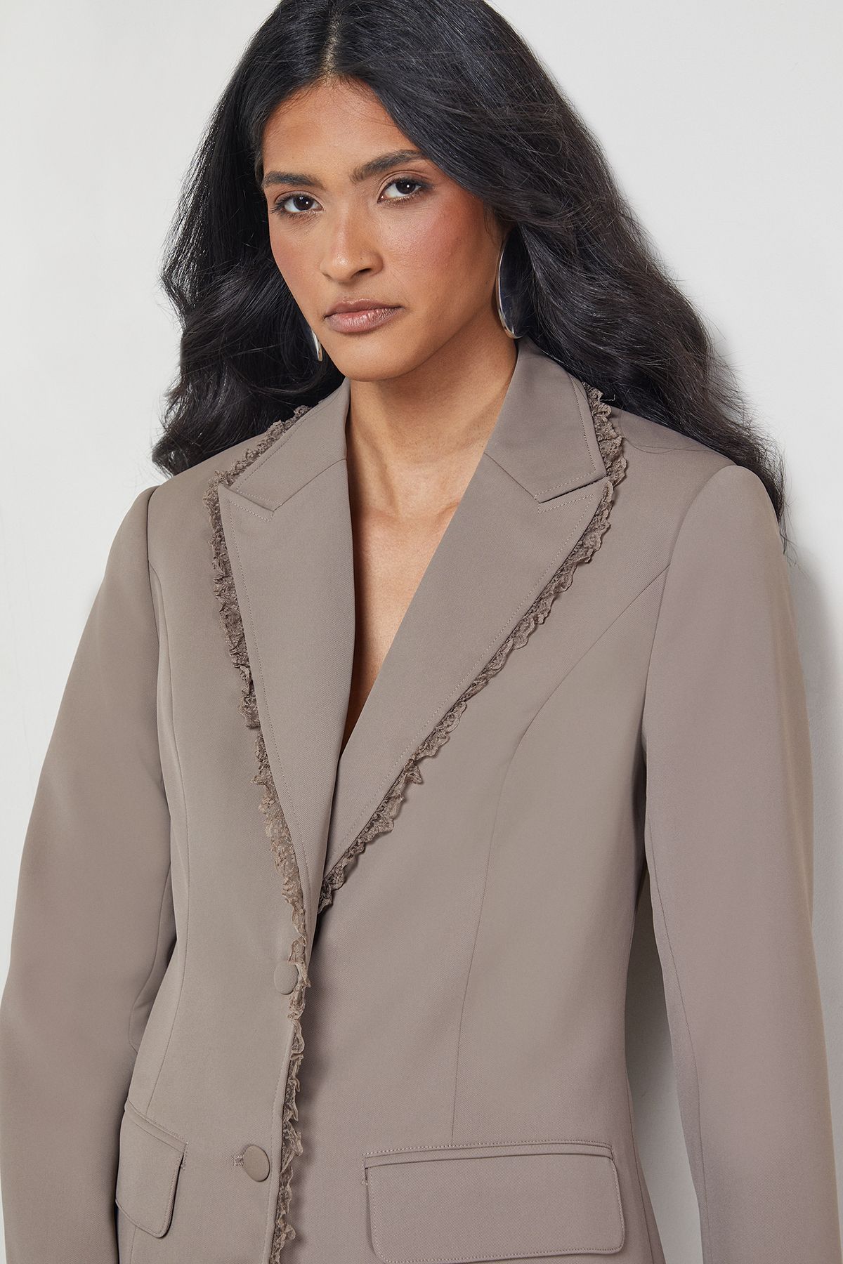 Warehouse Oversized Lace Frill Trim Single Breasted Blazer Mocha image 4