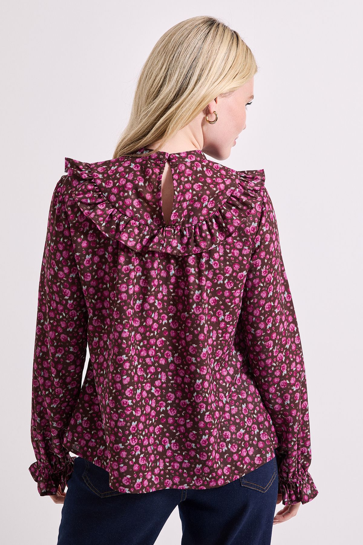 Dorothy Perkins Ditsy Ruffle Neck Printed Long Sleeve Blouse Purple image 3