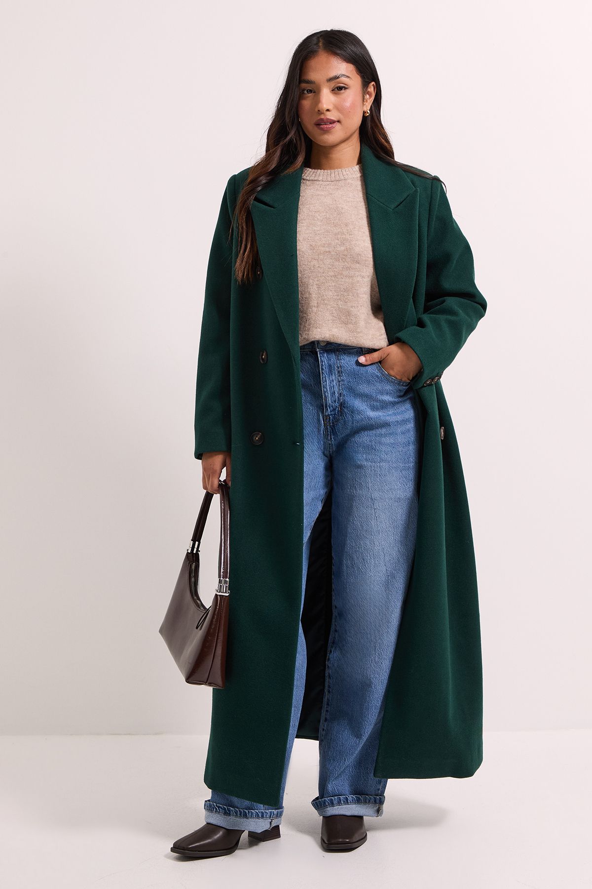 Dorothy Perkins Petite Maxi Length Double Breasted Coat Dark Green image 1