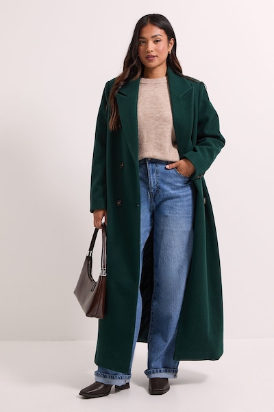Dorothy Perkins Petite Maxi Length Double Breasted Coat Dark Green