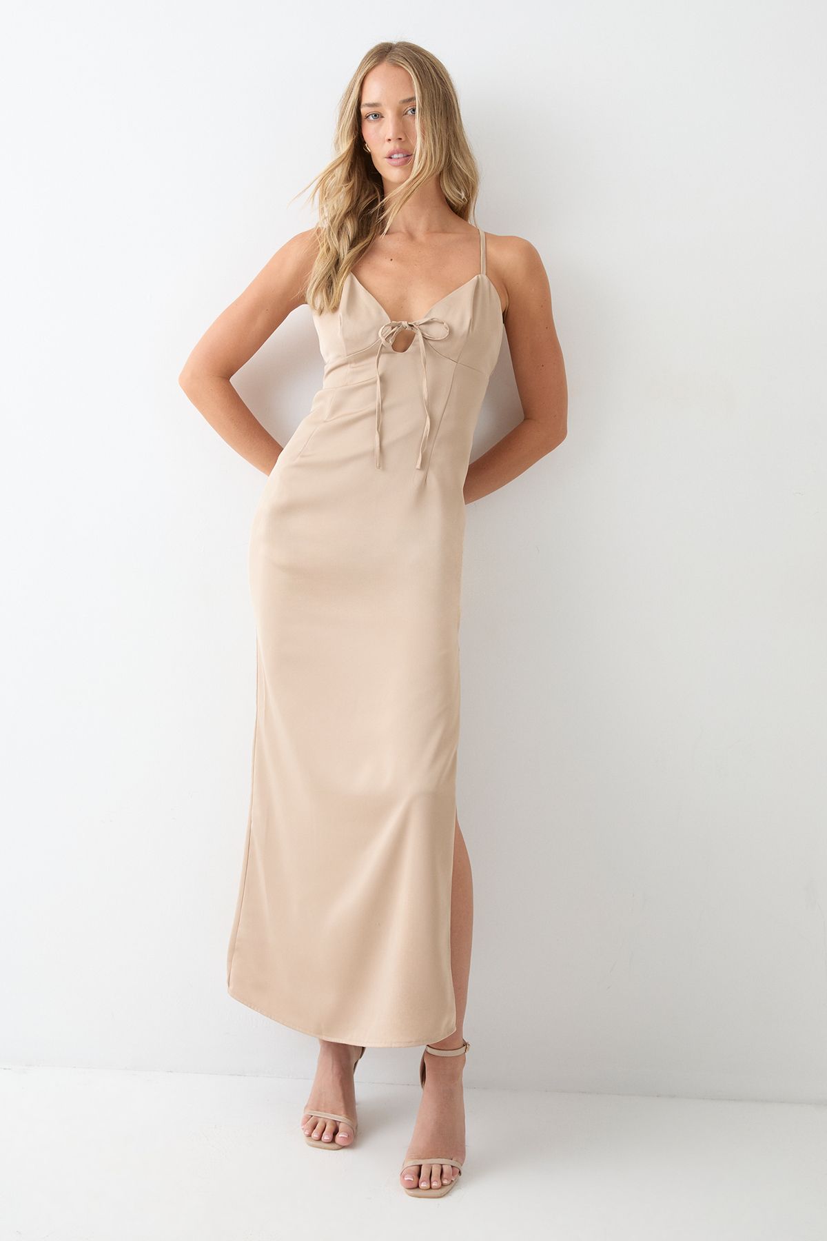 MissPap Tie Detail Strappy Satin Maxi Dress Bronze image 2