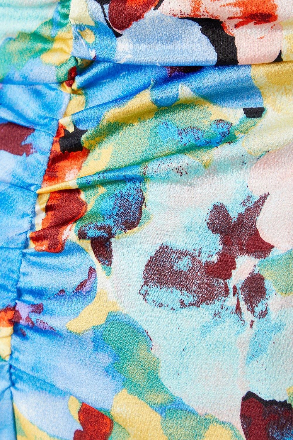 Warehouse Satin Ruched Front Puff Sleeve Midi Dress Floral image 4