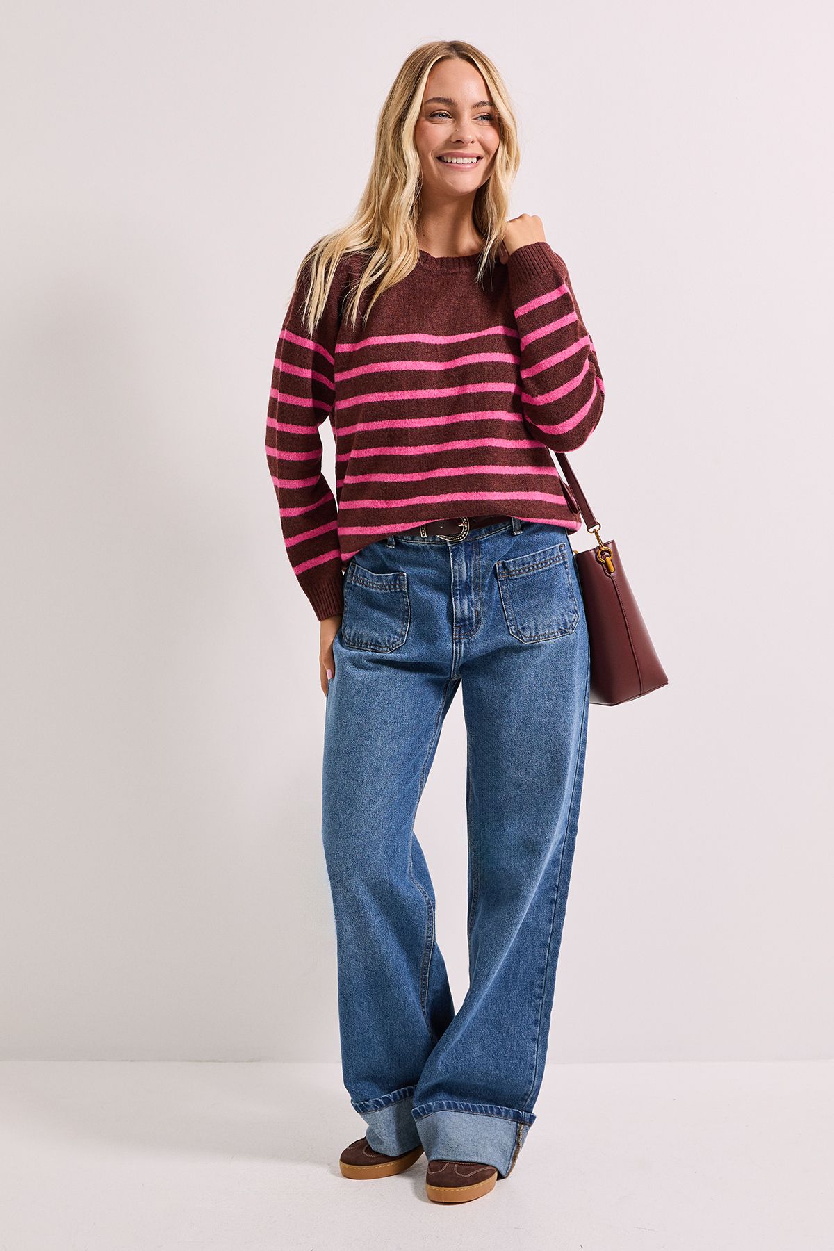 Dorothy Perkins Stripe Placement Crew Jumper Burgundy image 1