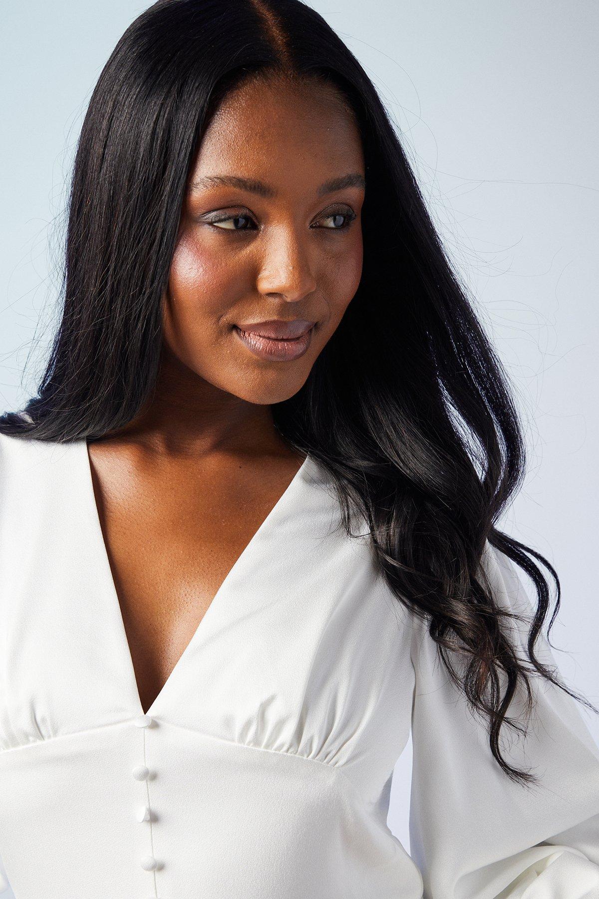 Oasis Premium Button Front Blouson Sleeve Satin Wedding Dress image 4