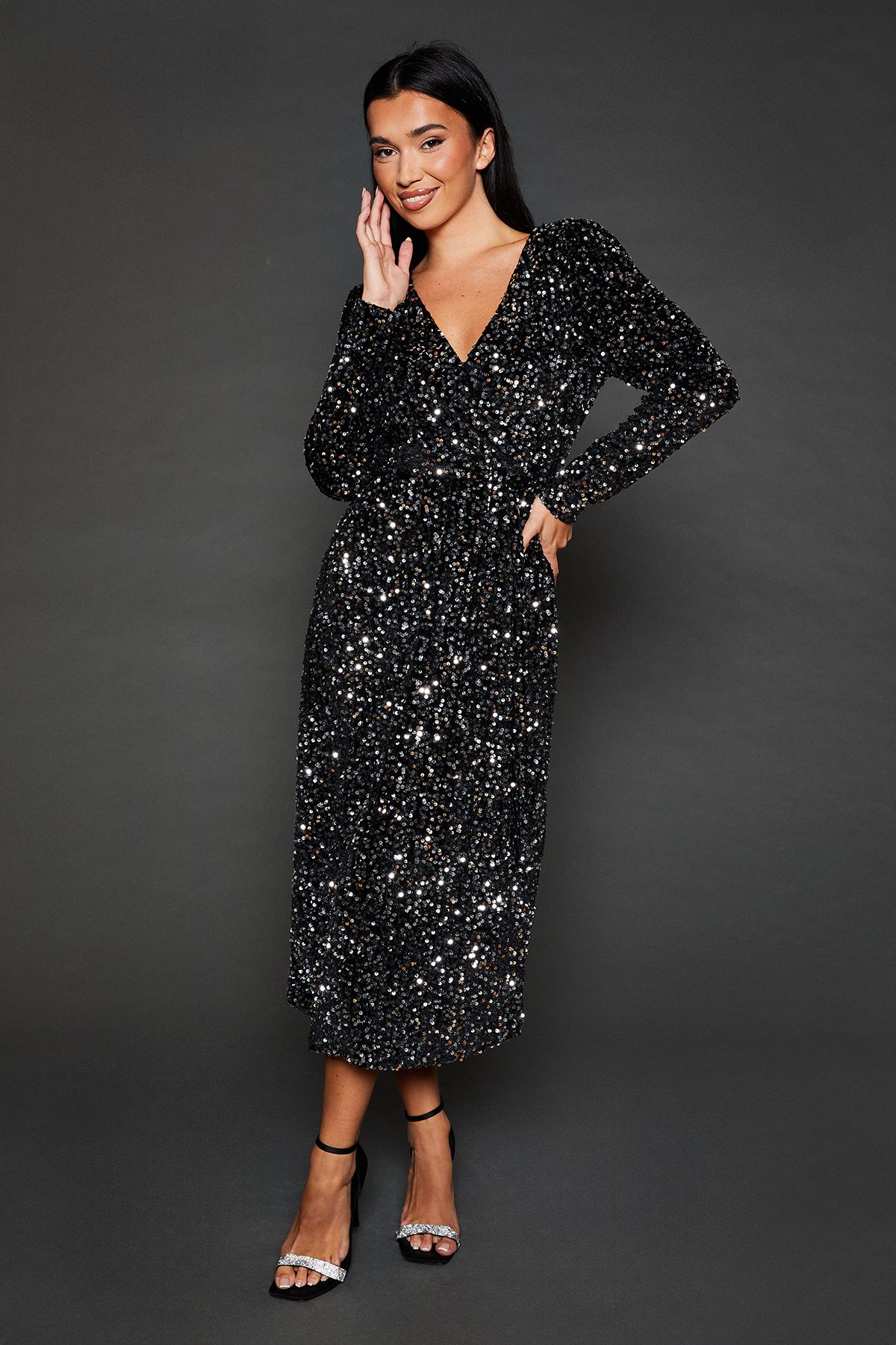 Dorothy Perkins Velvet Sequin Wrap Midi Dress Silver image 4