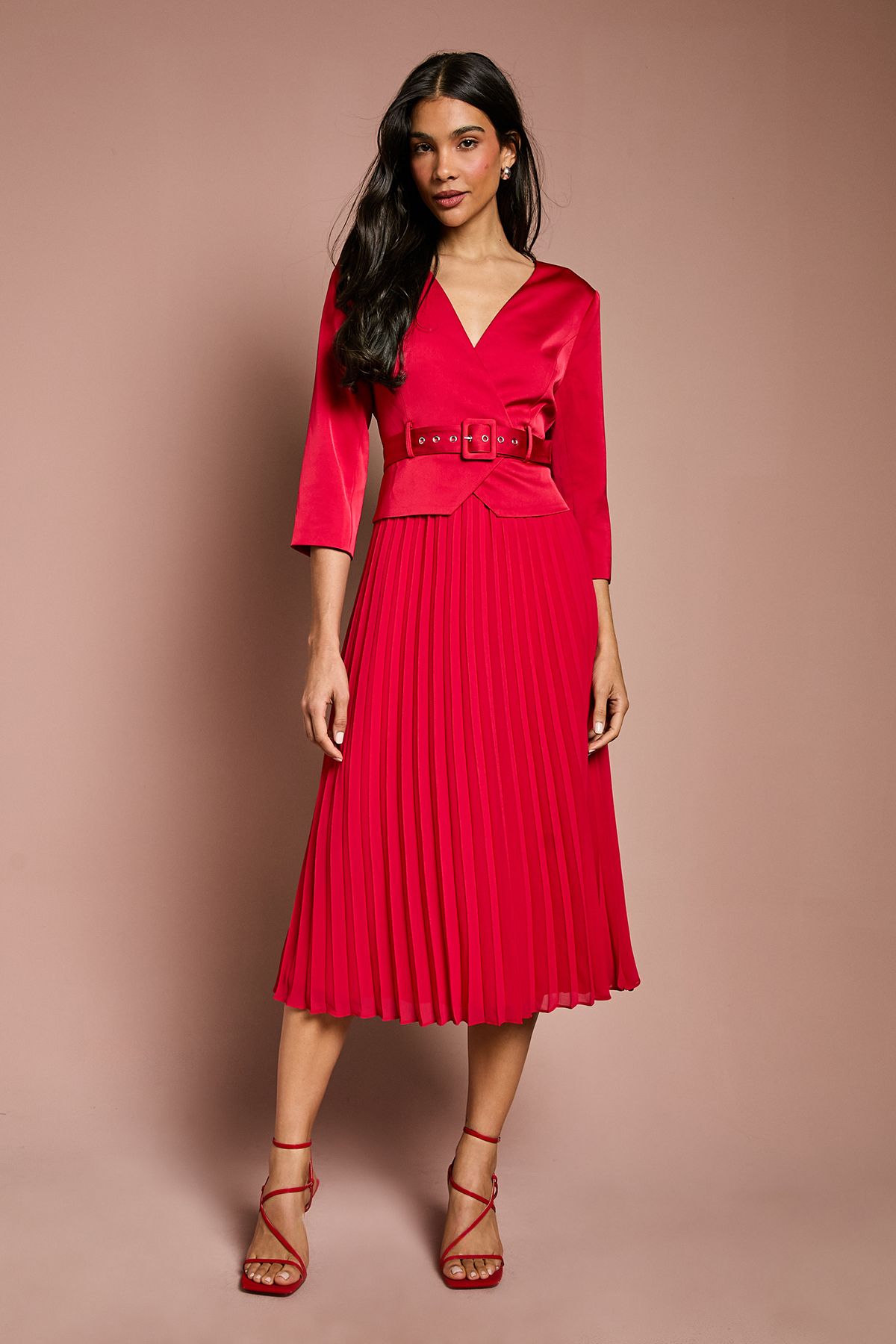 Coast Satin Bodice ¾ Sleeve Pleat Skirt Belted Midi Wedding Guest Dress Red image 2