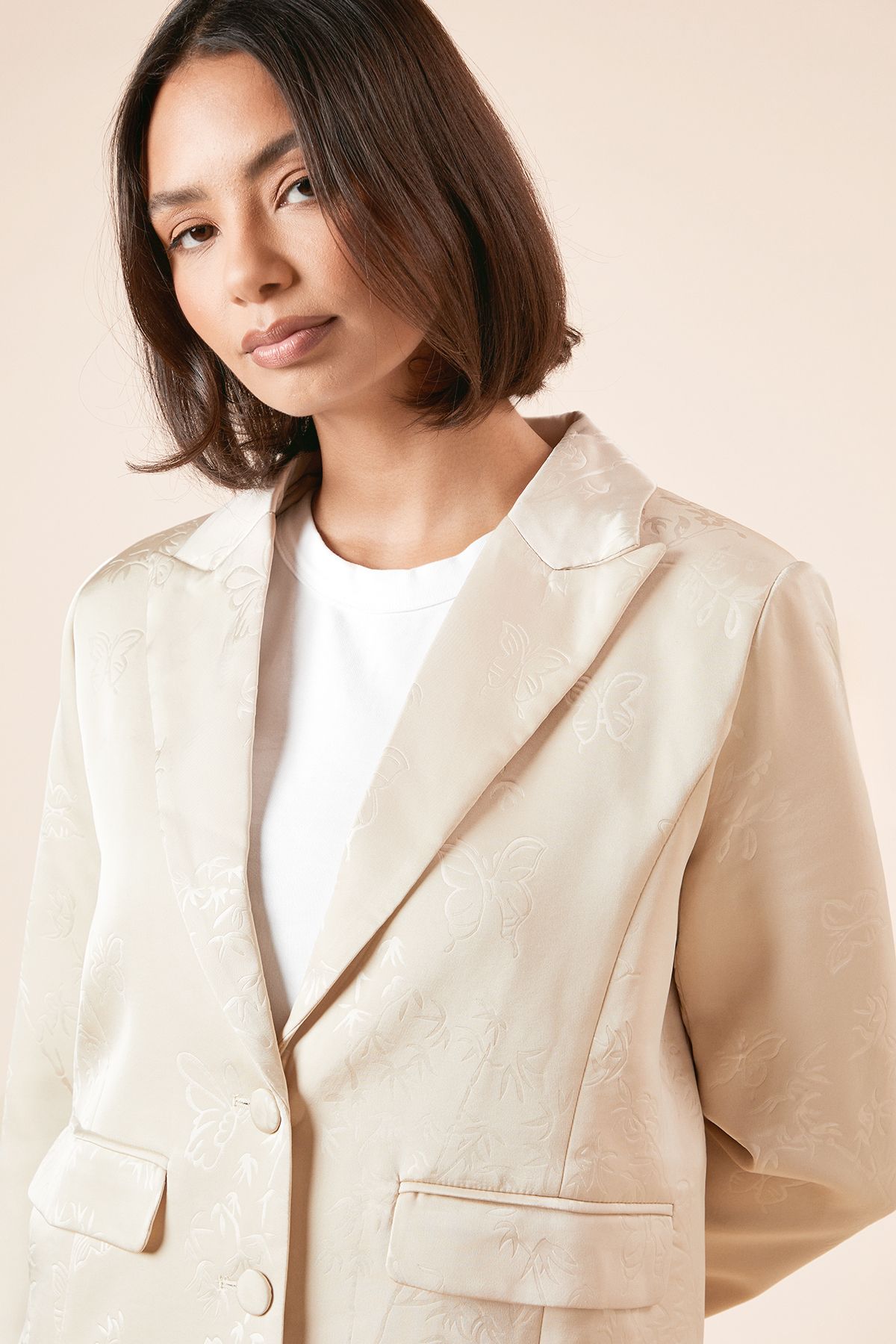 Dorothy Perkins Single Breasted Satin Jacquard Blazer Neutral image 4