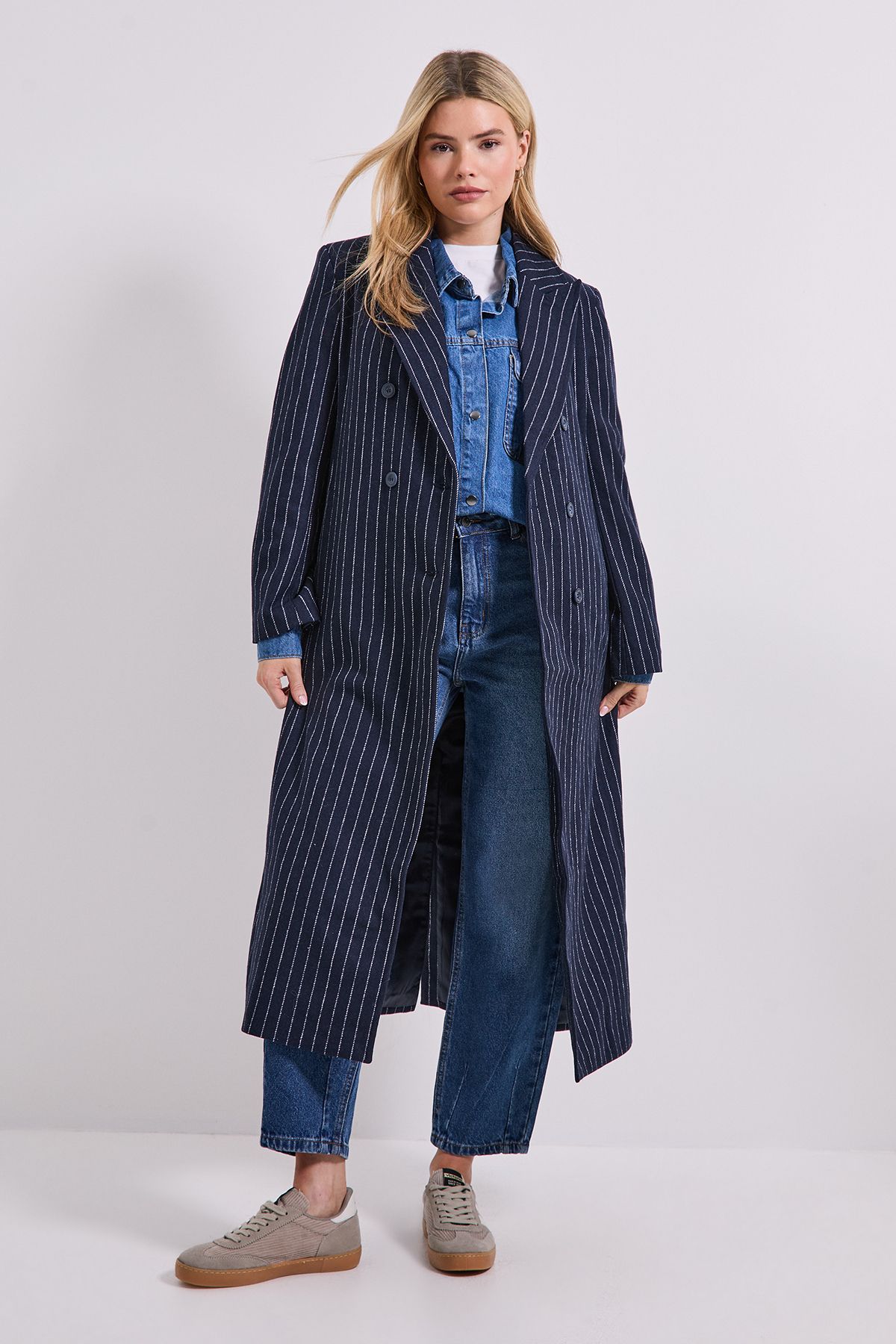 Dorothy Perkins Pinstripe Faux Wool Coat Navy image 1