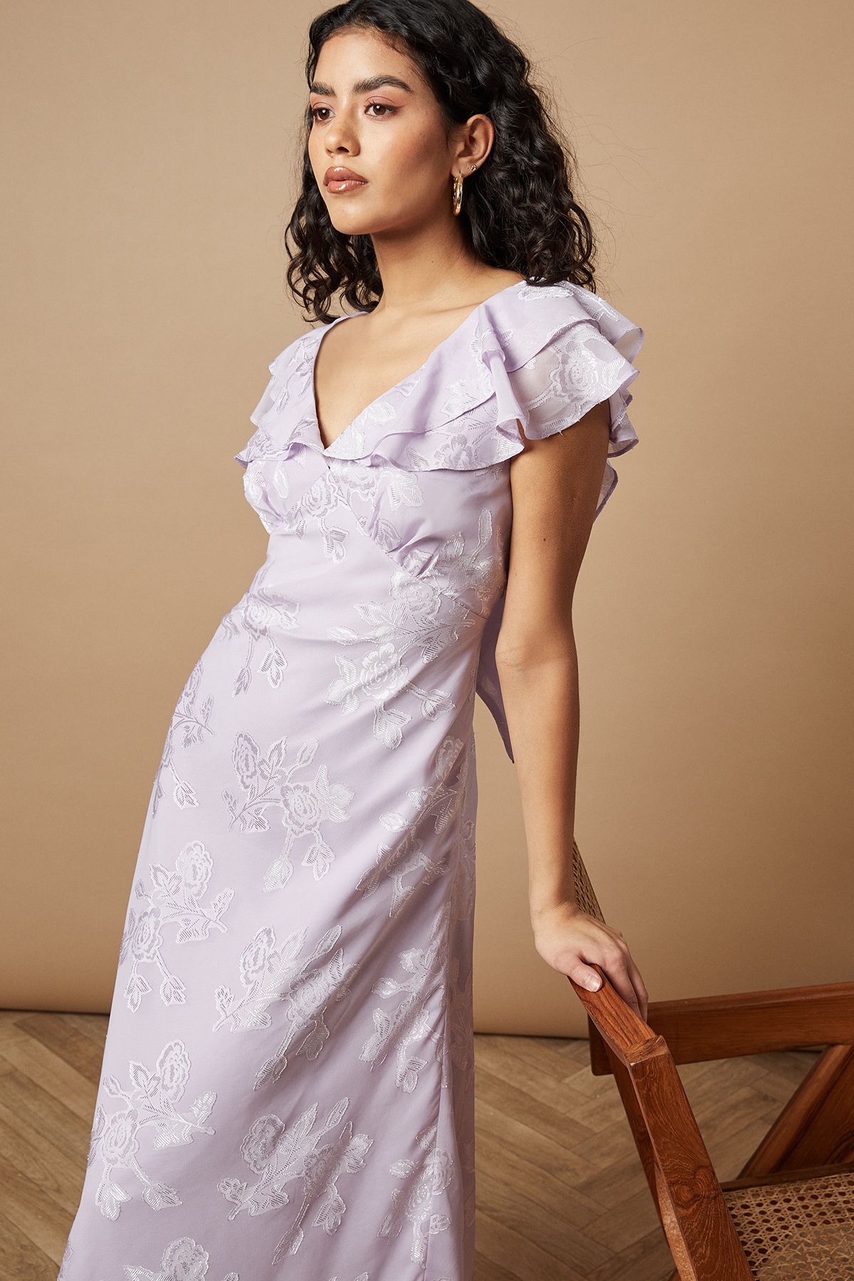 Oasis Petite Plain Satin Burnout Ruffle Midi Dress Lilac image 2