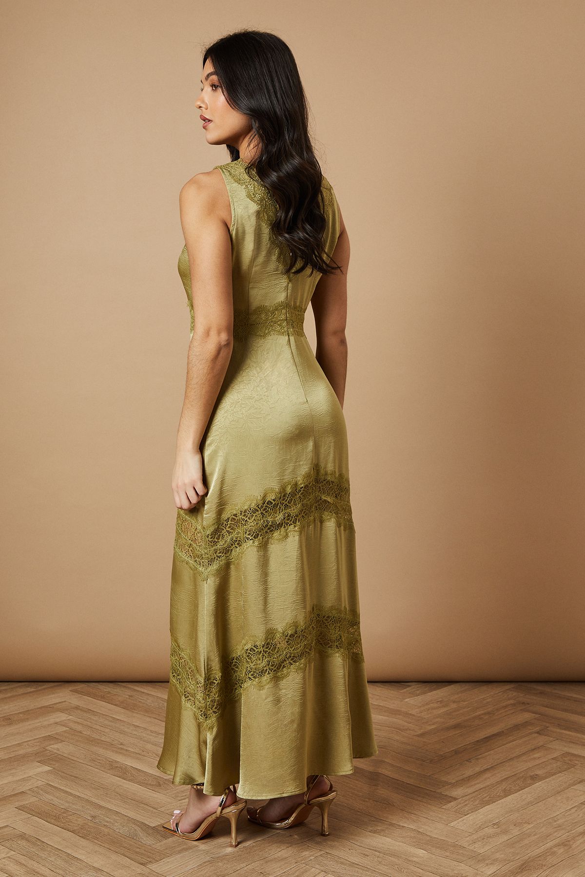 Oasis Satin Lace Insert Maxi Dress Green image 4