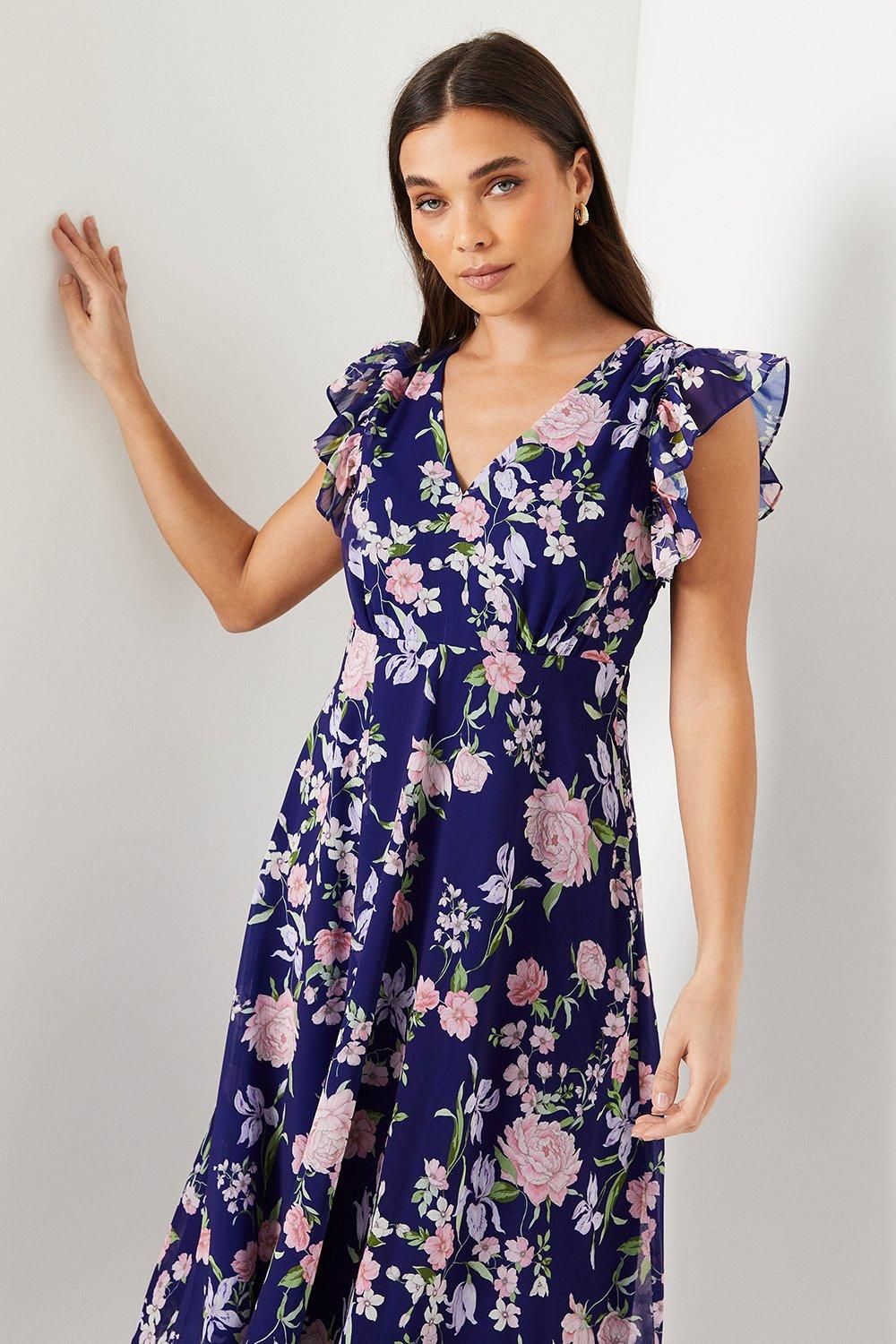 Oasis Petite Ruffle Shoulder Midi Dress Navy image 4