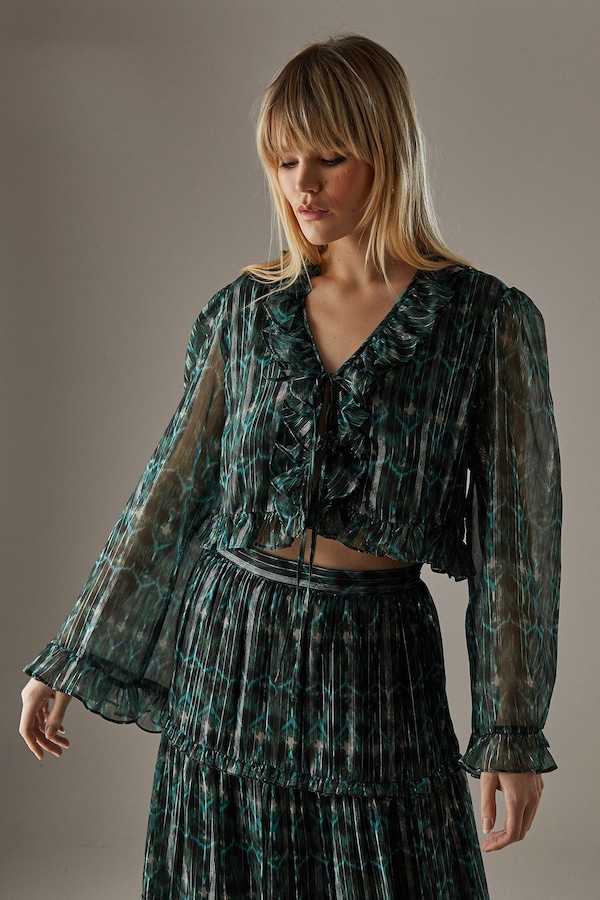 Warehouse Metallic Chiffon Ruffle Tie Front Flared Sleeve Blouse Green