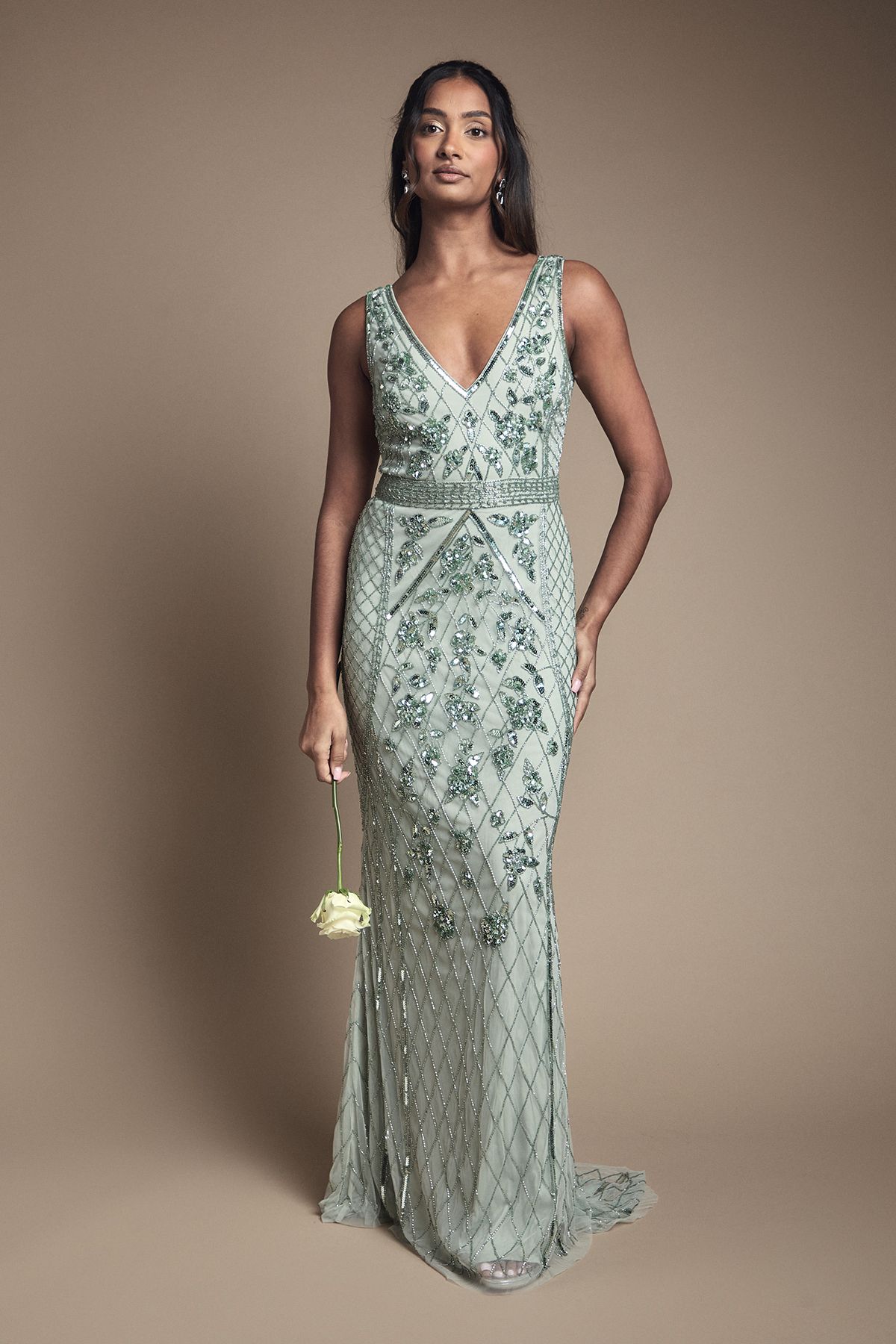 Coast Plunge Floral Embellished Bridesmaid Dress Sage