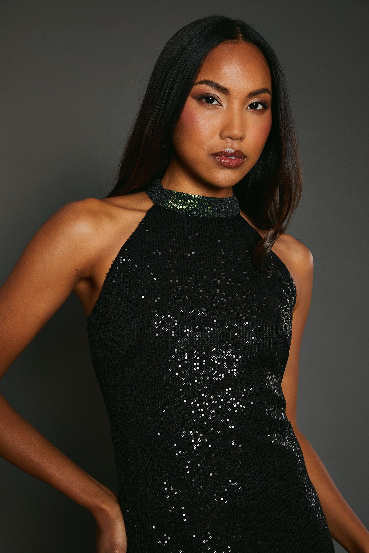 Principles Green Ombre Sequin Halterneck Midi Dress Green image 2